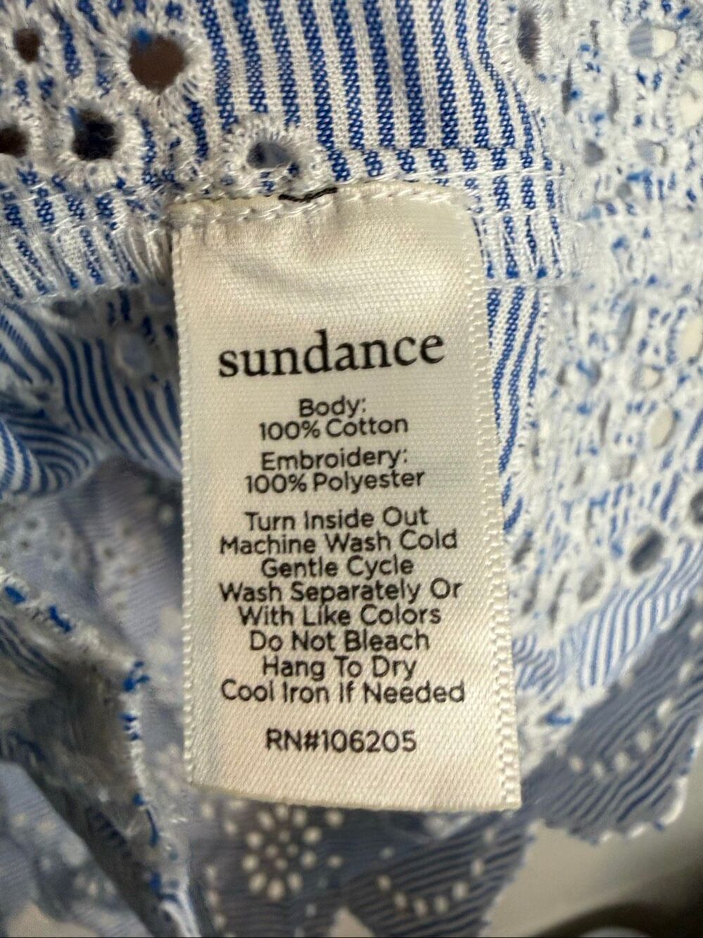 Sundance Women’s XXL Blue White Striped Eyelet Embroidered Cotton Boho Peasant B - Picture 4 of 5